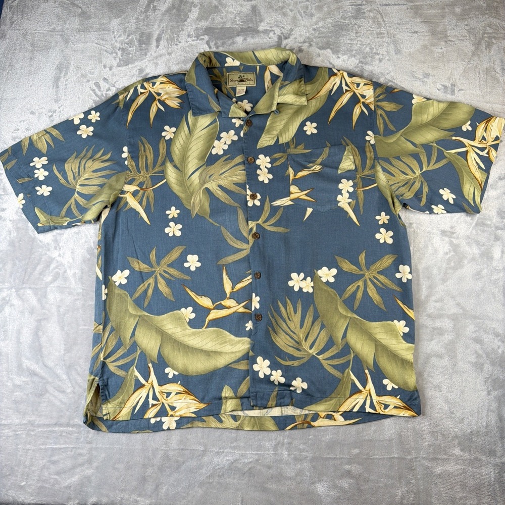 Seven Palm 100% Silk Hawaiian Shirt XL Blue Tropical Floral Camp Aloha